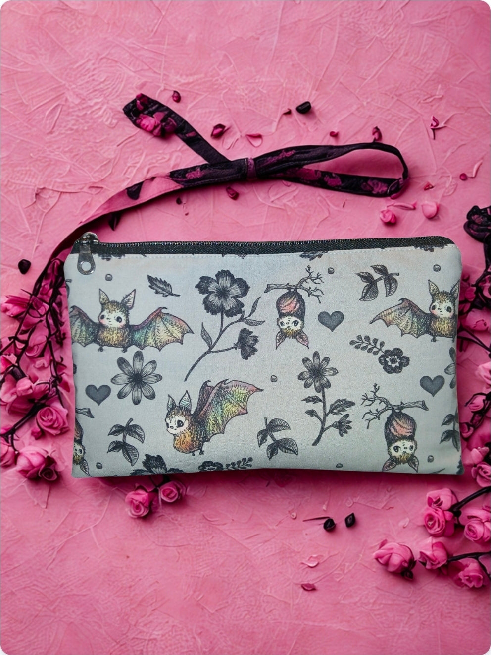 Absolutely New-Large Bats on Grey Makeup Bag