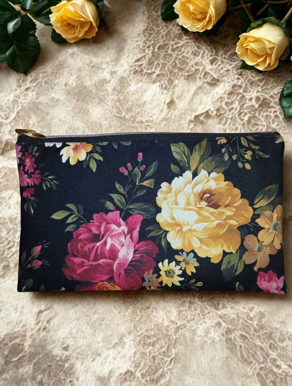 Absolutely New-Large Floral on Black Makeup Pouch